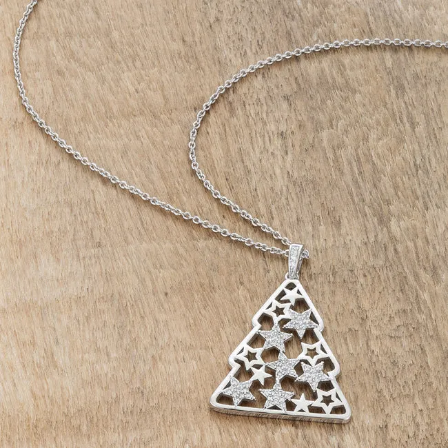 LOVCIA Rhodium-Plated Christmas Tree Pendant with Mixed Star Pave and CZ Stones