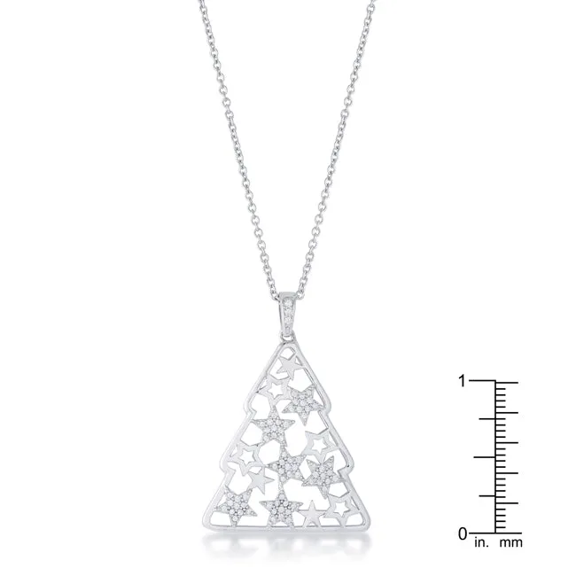 LOVCIA Rhodium-Plated Christmas Tree Pendant with Mixed Star Pave and CZ Stones