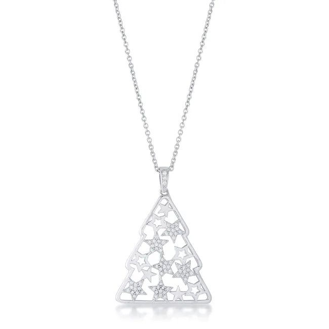 LOVCIA Rhodium-Plated Christmas Tree Pendant with Mixed Star Pave and CZ Stones
