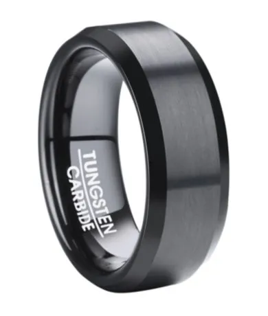 Men's Black Tungsten Wedding Ring with Beveled Edges | 8mm