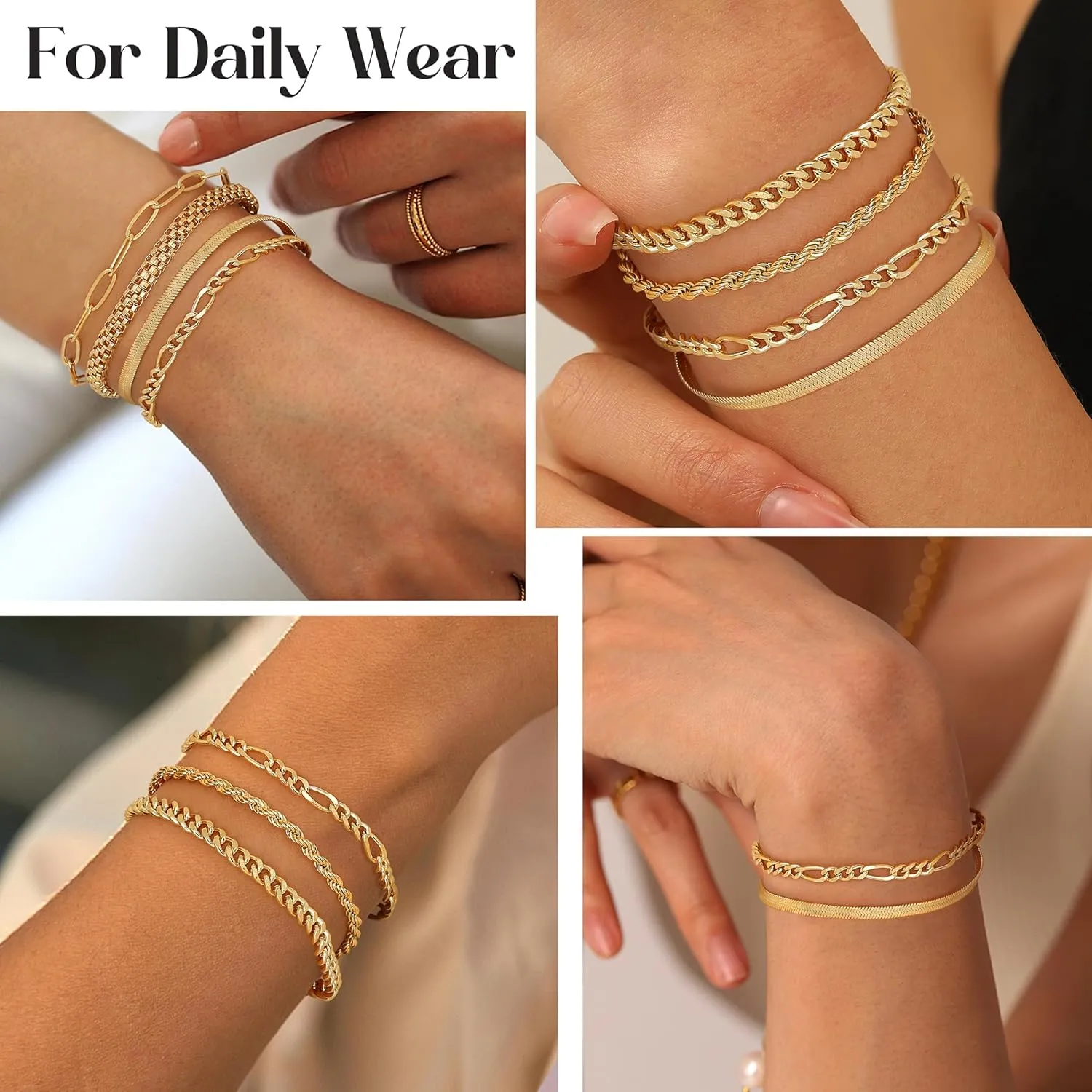 MILACOLATO Gold Bracelets for Women Non Tarnish, Dainty 14K Gold Plated Stackable Bracelets Waterproof, Silver Cuban Link Beaded Paperclip Figaro Rope Chain Bracelet Stack Set Adjustable