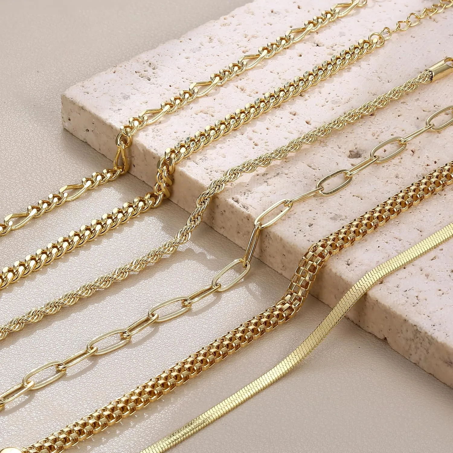 MILACOLATO Gold Bracelets for Women Non Tarnish, Dainty 14K Gold Plated Stackable Bracelets Waterproof, Silver Cuban Link Beaded Paperclip Figaro Rope Chain Bracelet Stack Set Adjustable