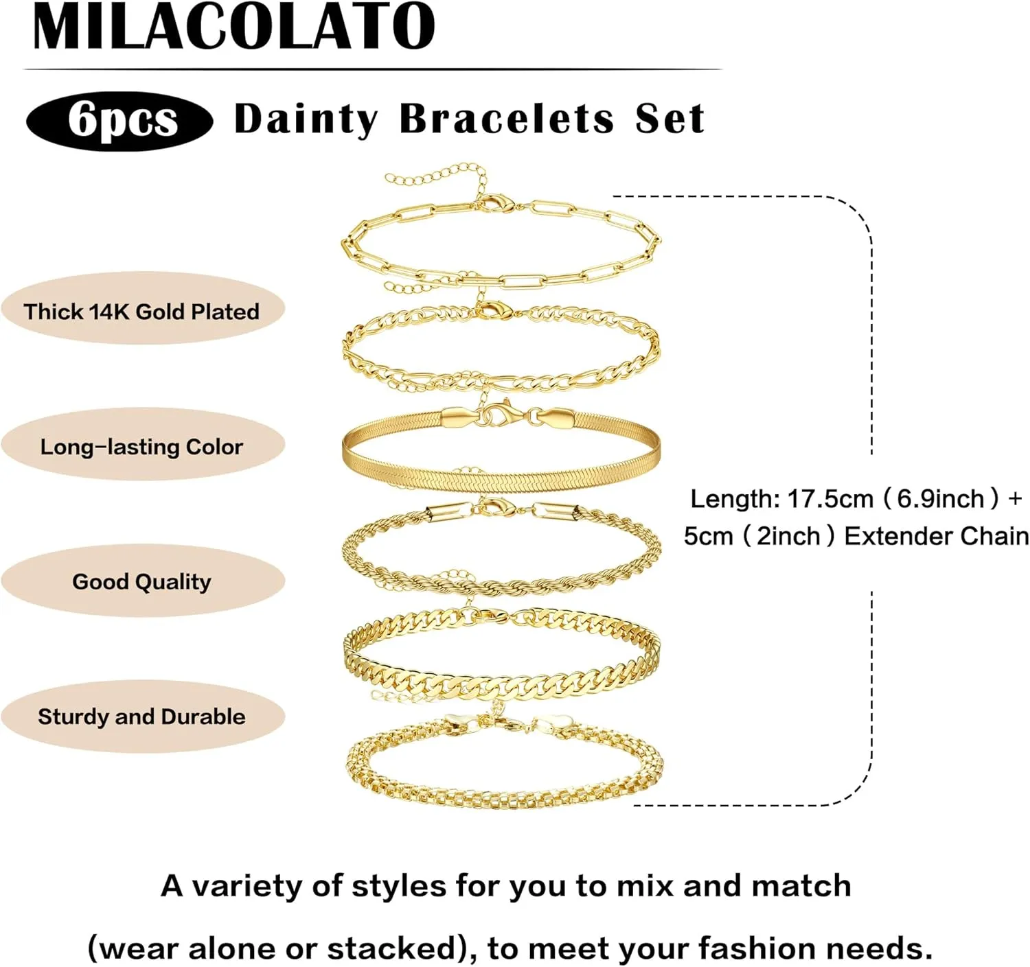 MILACOLATO Gold Bracelets for Women Non Tarnish, Dainty 14K Gold Plated Stackable Bracelets Waterproof, Silver Cuban Link Beaded Paperclip Figaro Rope Chain Bracelet Stack Set Adjustable