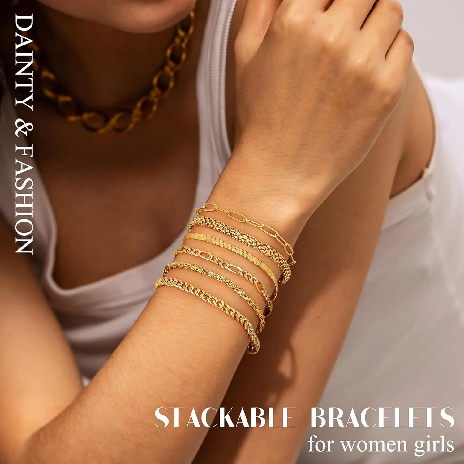 MILACOLATO Gold Bracelets for Women Non Tarnish, Dainty 14K Gold Plated Stackable Bracelets Waterproof, Silver Cuban Link Beaded Paperclip Figaro Rope Chain Bracelet Stack Set Adjustable