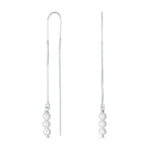 Minimalist Long Wire Hook Dangle Earrings with Three Simulated White Pearls Sterling Silver