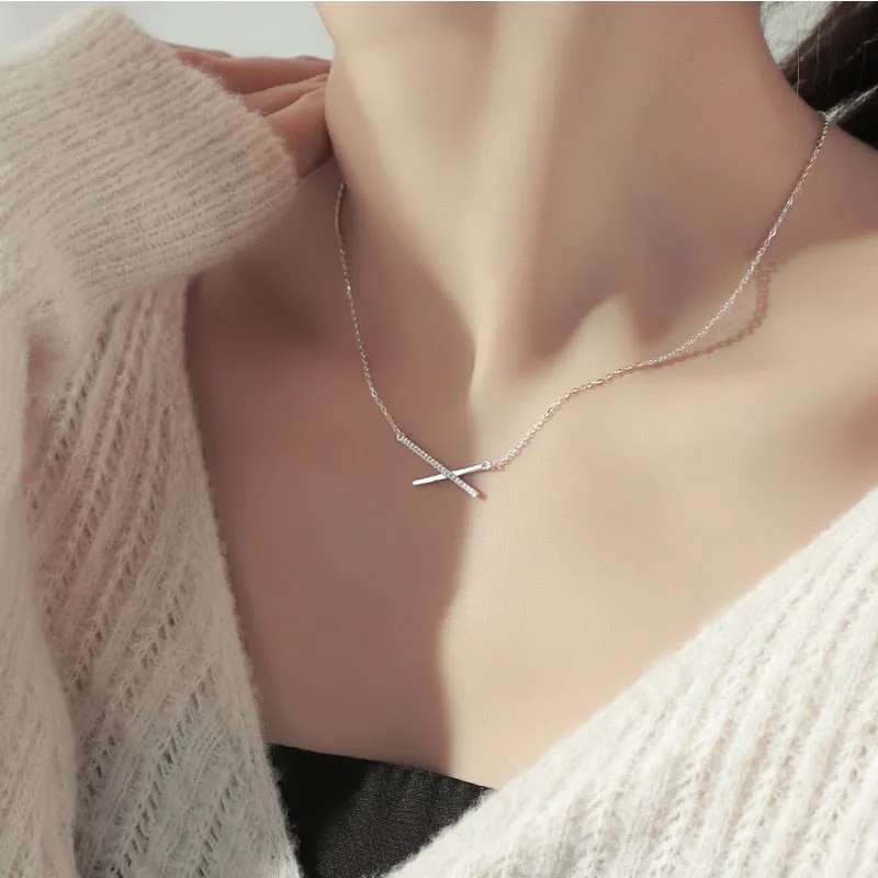ONEVAN Trendy 925 Sterling Silver AAA Zircon Geometric Strip Pendant Necklaces For Women Gift Simple Fine Jewelry NK017