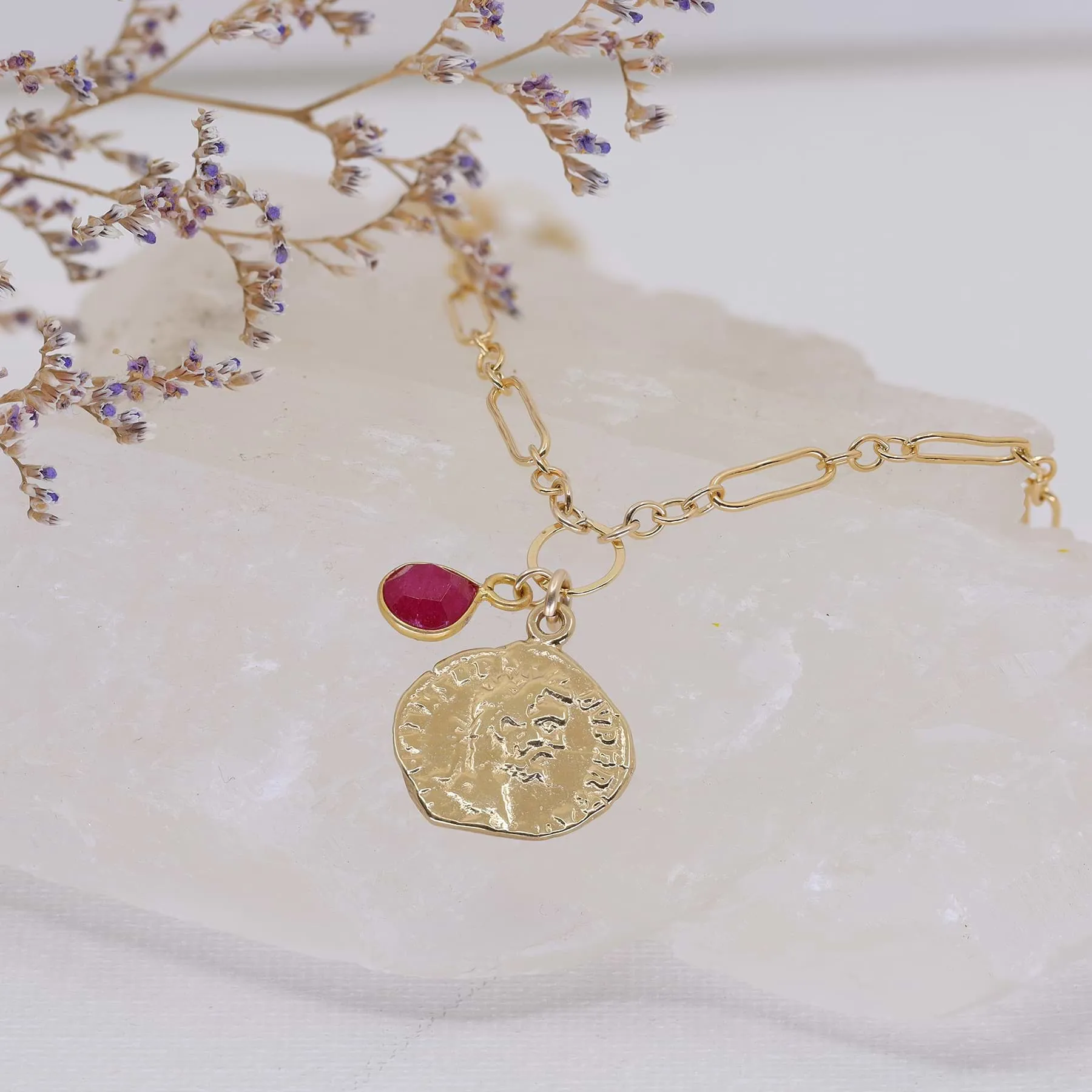 Paros - Ancient Coin Ruby Gold Box Chain Necklace