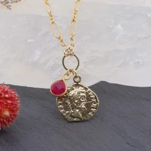 Paros - Ancient Coin Ruby Gold Box Chain Necklace
