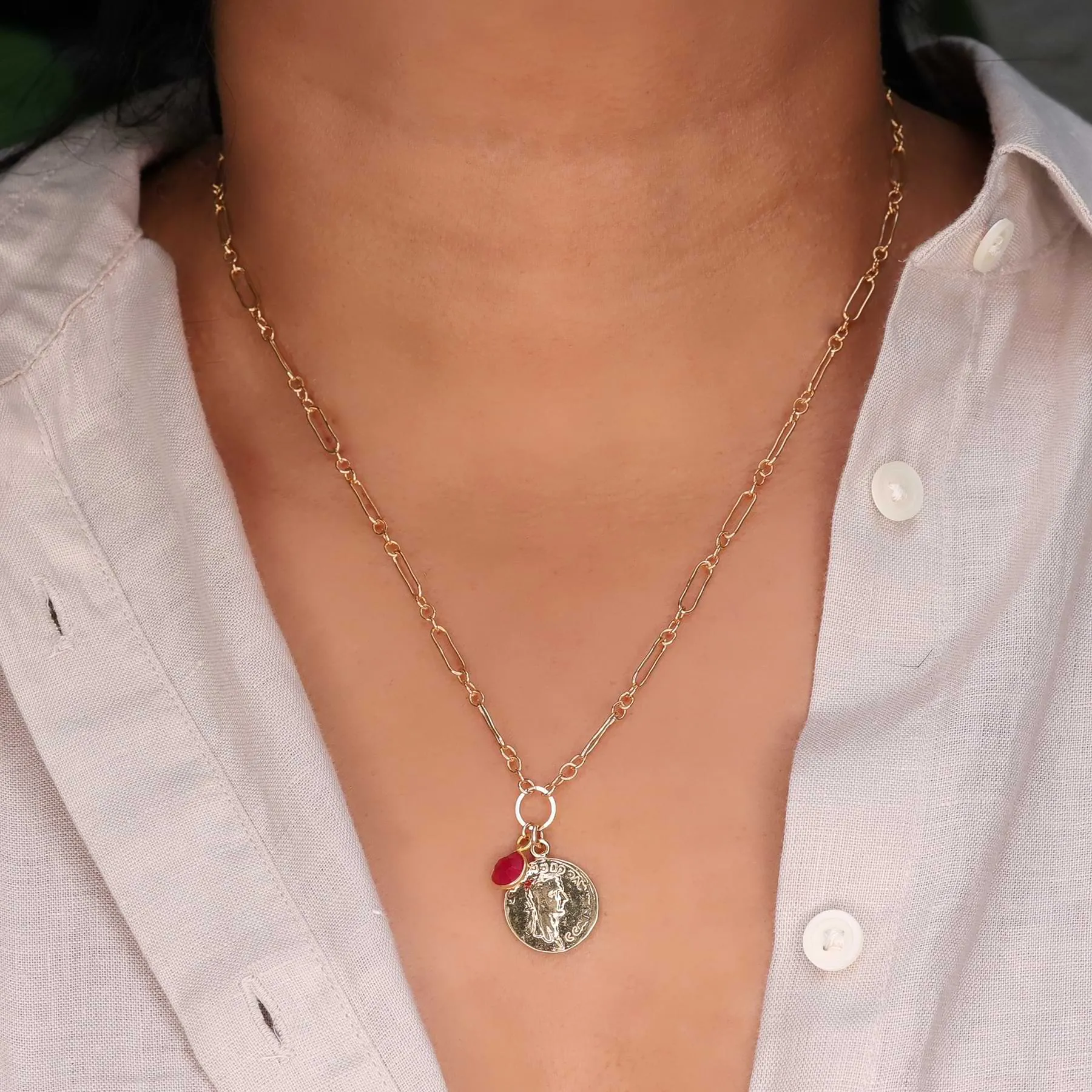 Paros - Ancient Coin Ruby Gold Box Chain Necklace