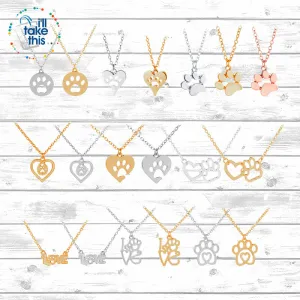 PET LOVERS Collection of Dog & Cat, Paw & Heart themed Pendant Necklaces in Gold or Silver