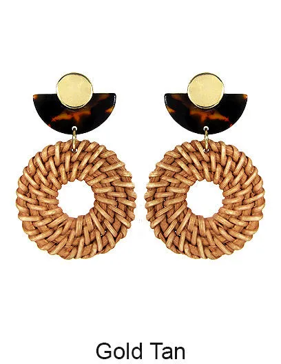Rattan Earring Hand Woven Earring, Natural Woven earring, Straw earring, Geometric earrings, Acetate earring, Hook Earrings