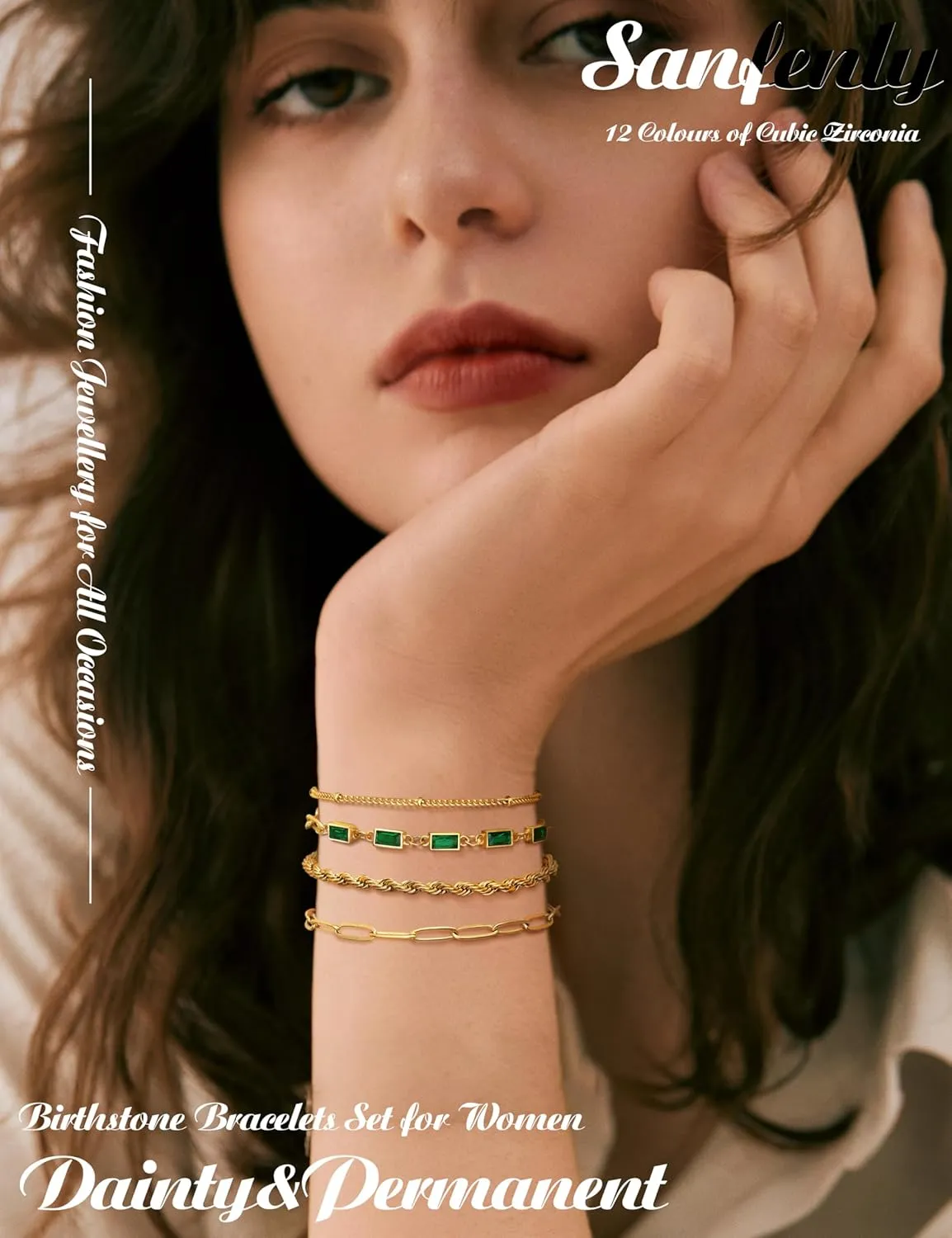 Sanfenly Gold Birthstone Bracelets for Women Waterproof Non Tarnish Dainty 14K Gold Plated Stackable Bracelet Emerald Green Friendship Bracelets Jewelry Gift for Mom