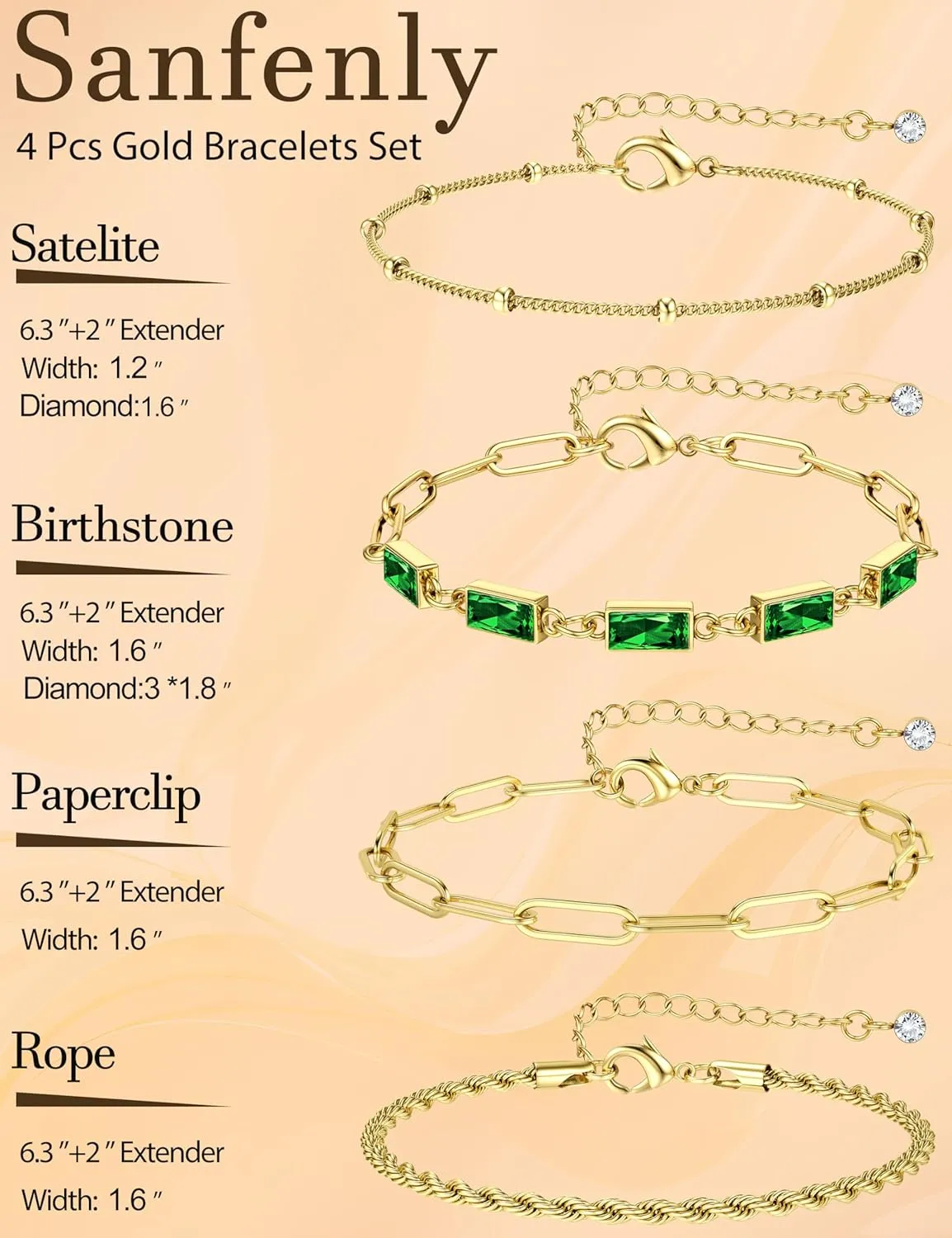 Sanfenly Gold Birthstone Bracelets for Women Waterproof Non Tarnish Dainty 14K Gold Plated Stackable Bracelet Emerald Green Friendship Bracelets Jewelry Gift for Mom