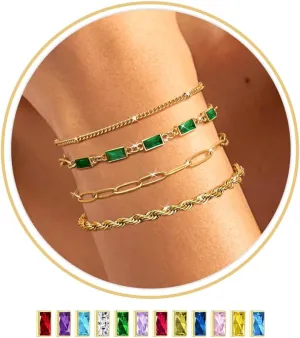 Sanfenly Gold Birthstone Bracelets for Women Waterproof Non Tarnish Dainty 14K Gold Plated Stackable Bracelet Emerald Green Friendship Bracelets Jewelry Gift for Mom
