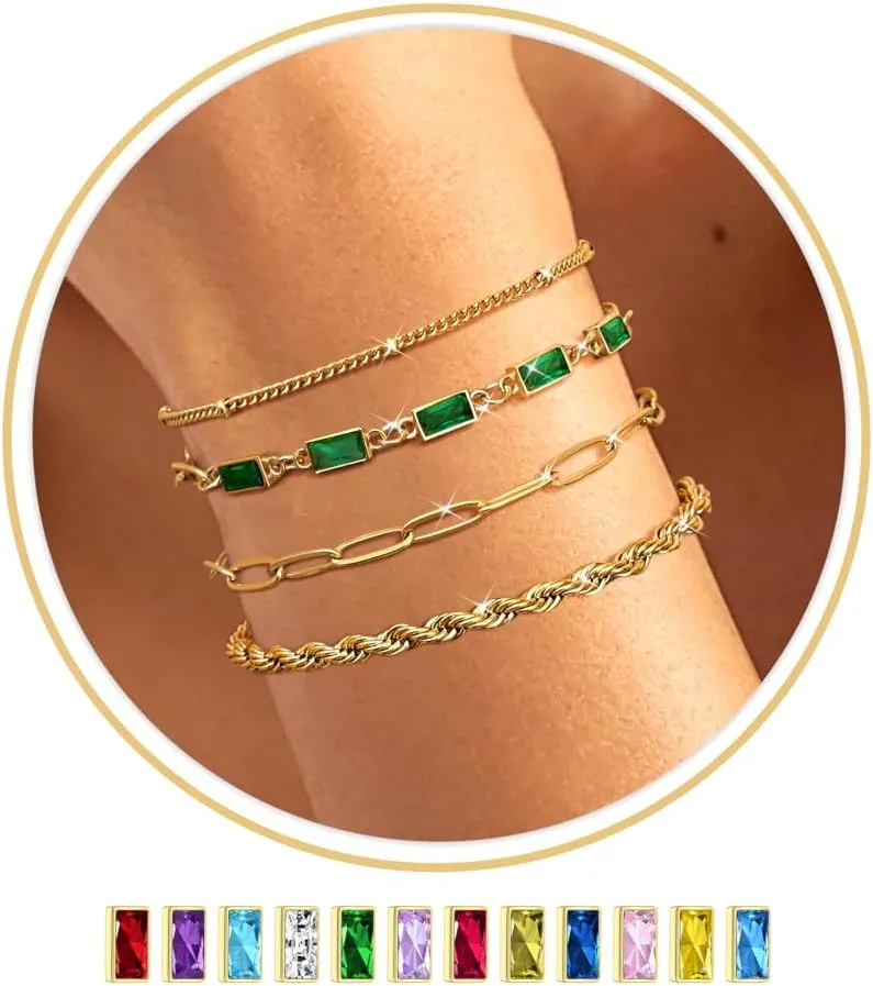 Sanfenly Gold Birthstone Bracelets for Women Waterproof Non Tarnish Dainty 14K Gold Plated Stackable Bracelet Emerald Green Friendship Bracelets Jewelry Gift for Mom
