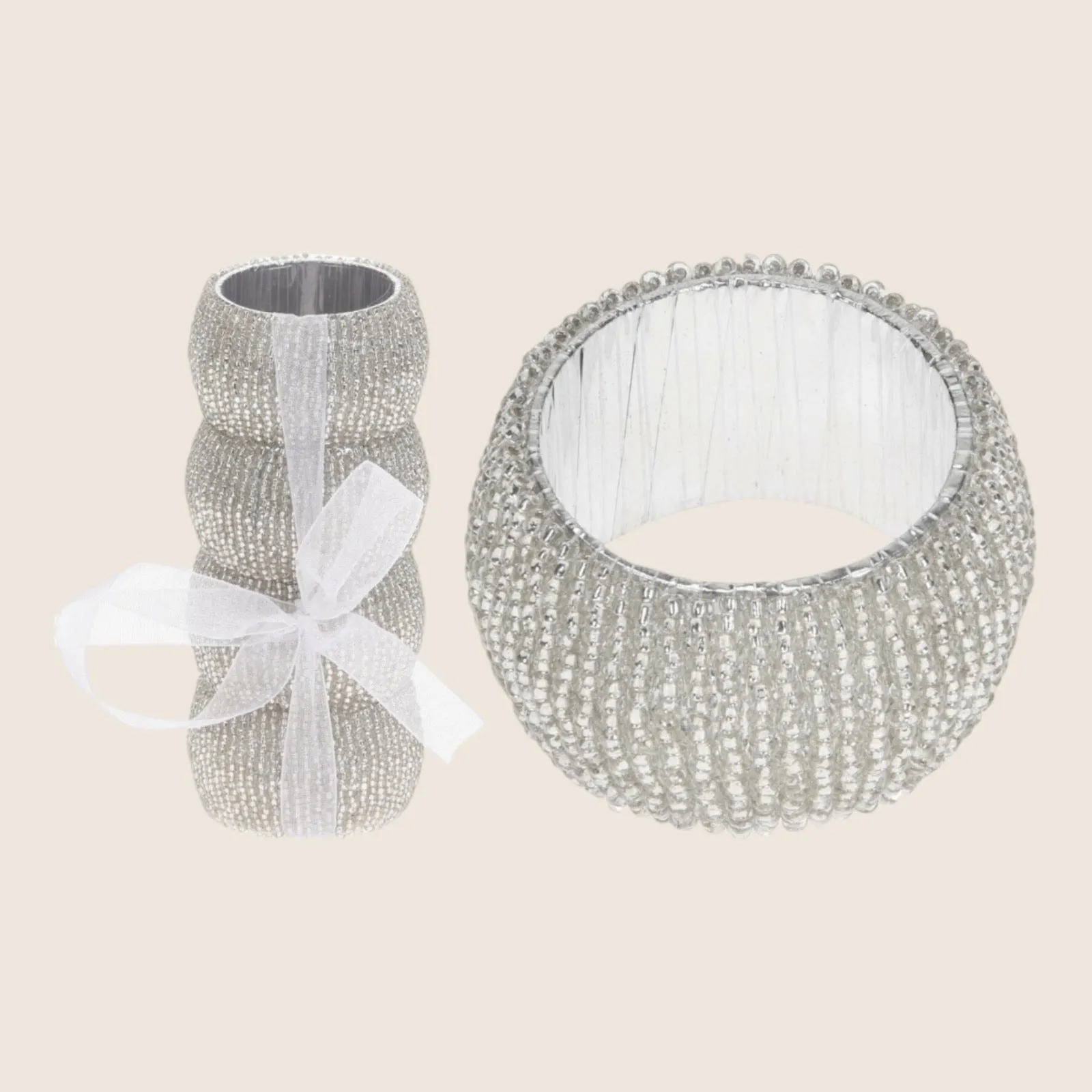 Set of 4 Silver Napkin Rings Metal With  Beads Serviette Rings Generous Size