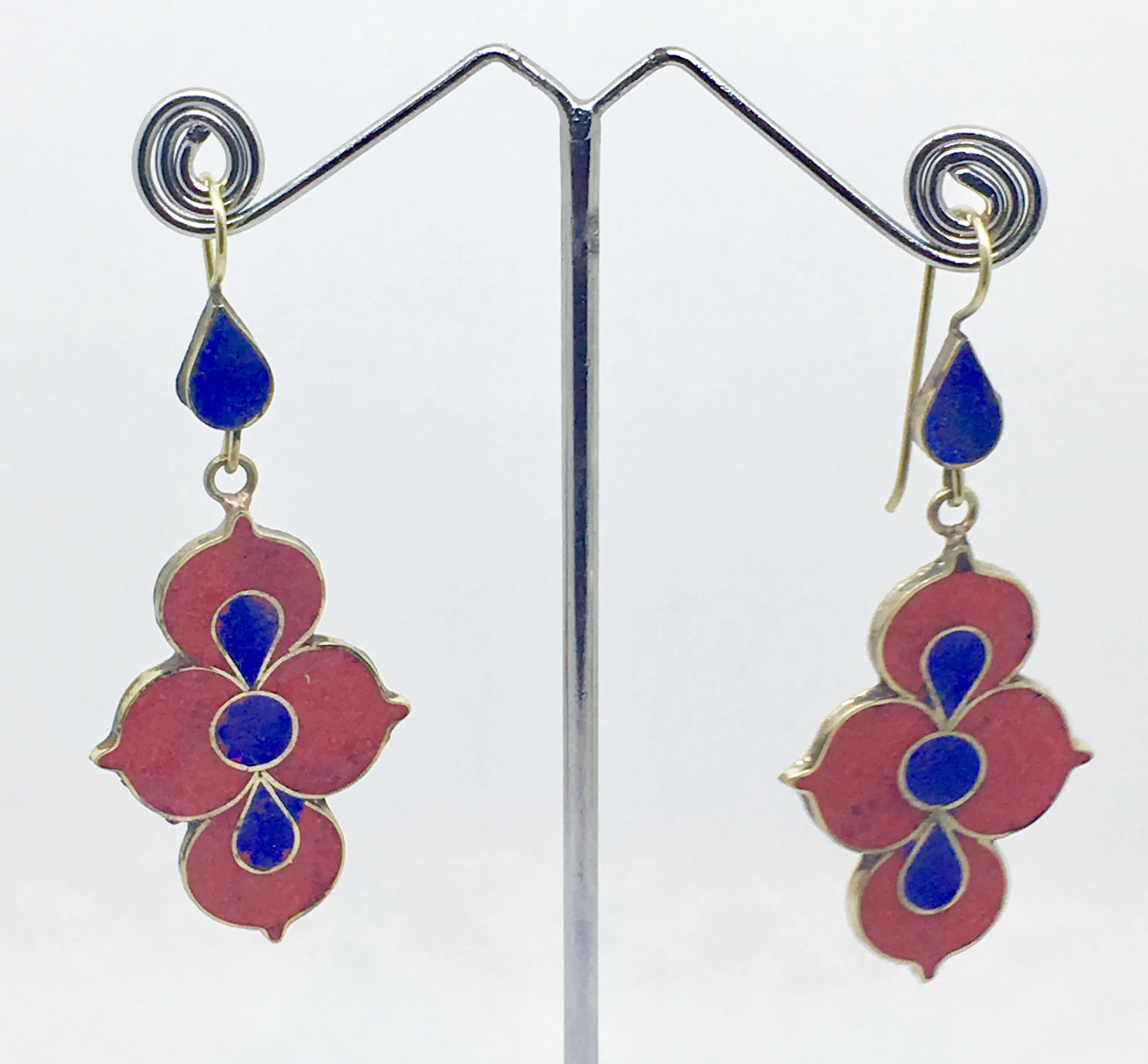 Tibetan Influenced Red & Blue Lotus Earrings