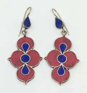 Tibetan Influenced Red & Blue Lotus Earrings