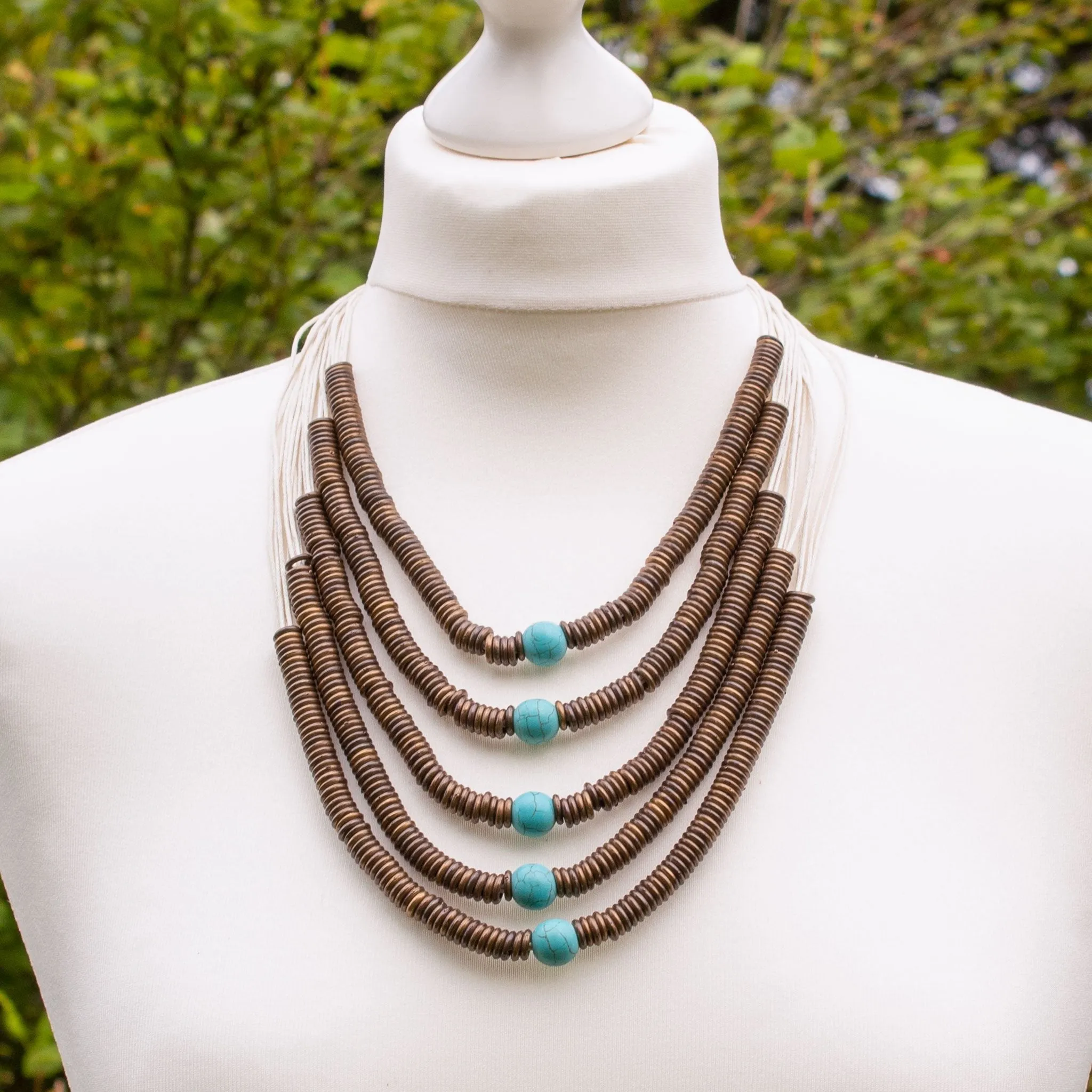 Turquoise Bead & Brass Ring Necklace
