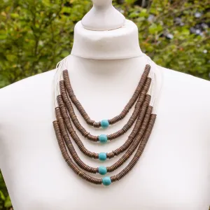 Turquoise Bead & Brass Ring Necklace