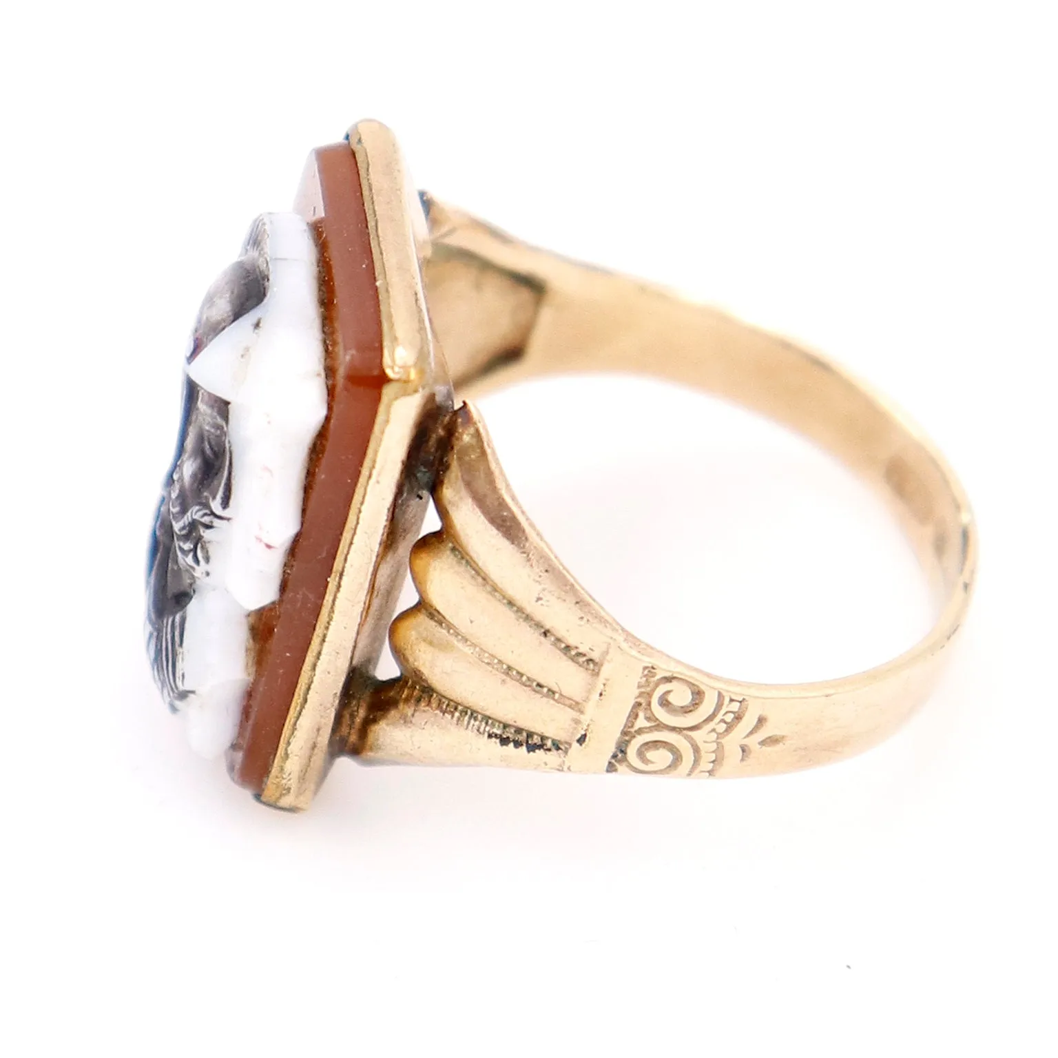 Victorian Black & White Double Cameo Roman Soldier Carnelian 10k Gold Ring