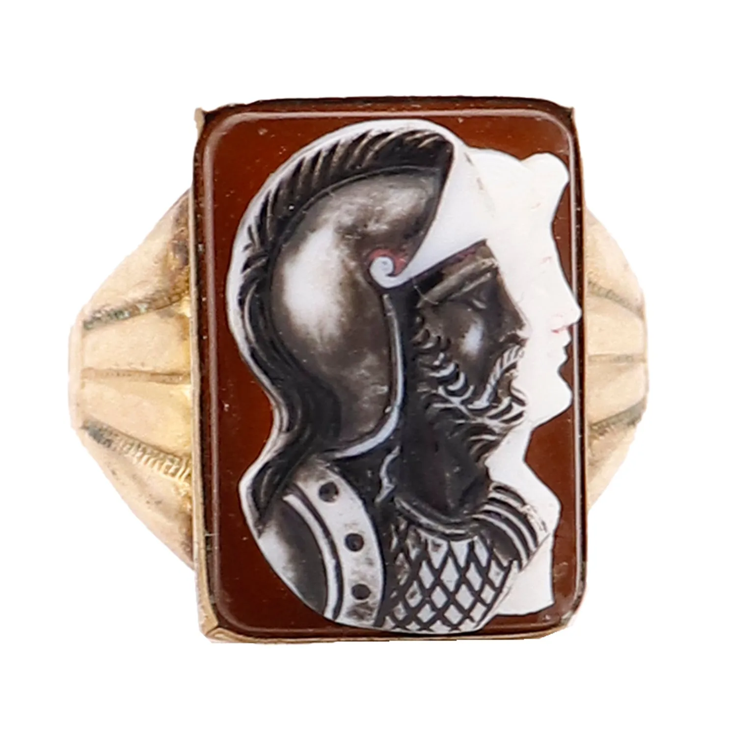 Victorian Black & White Double Cameo Roman Soldier Carnelian 10k Gold Ring