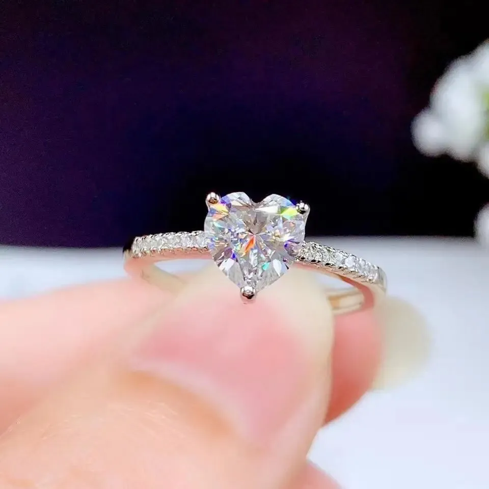 White Gold Plated Silver Heart Cut Moissanite Ring 1ct Center Stone