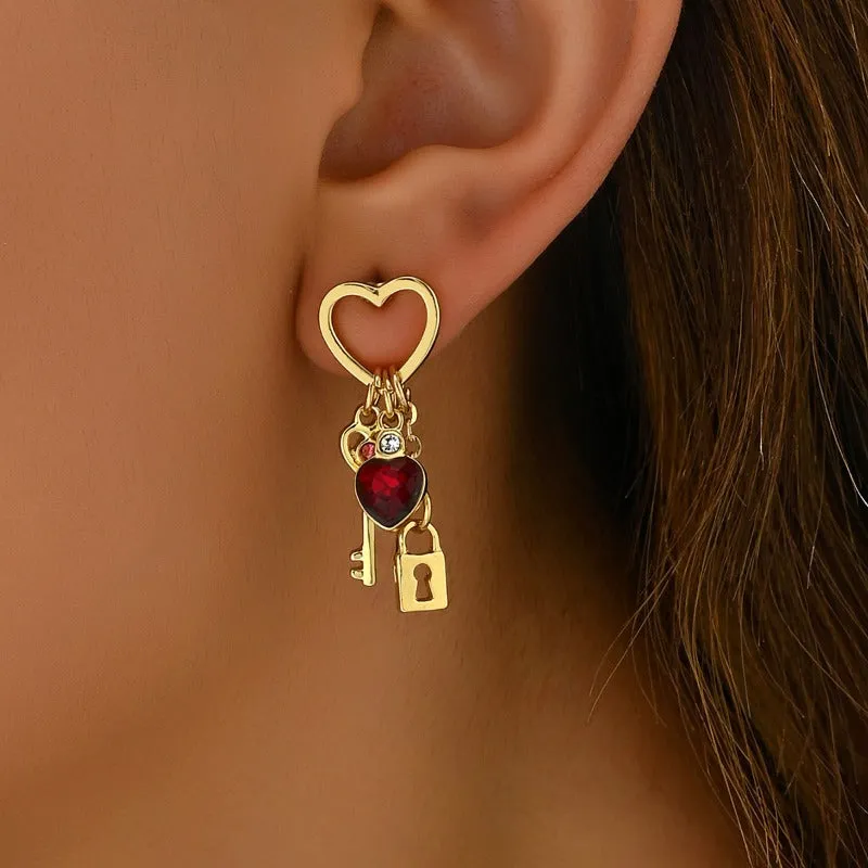 Wholesale Minimalist Light Luxury Style Heart Set Diamond Lock Shaped Fashionable High-end Earrings
